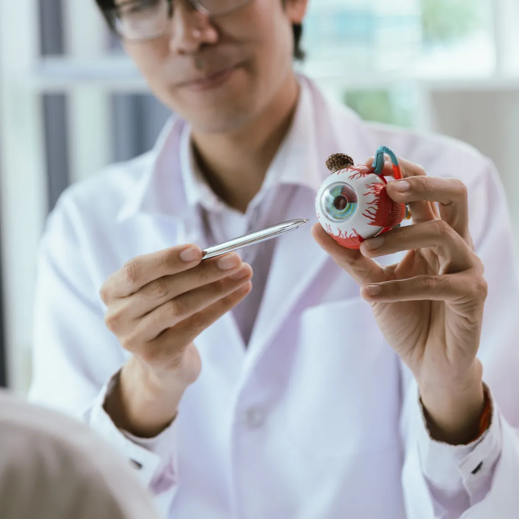 Ophthalmologist discussing cataract lens options with a patient