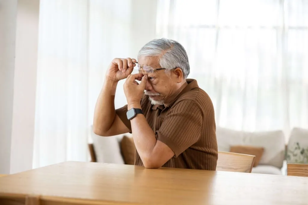 Senior man with blurred vision from a mature cataract
